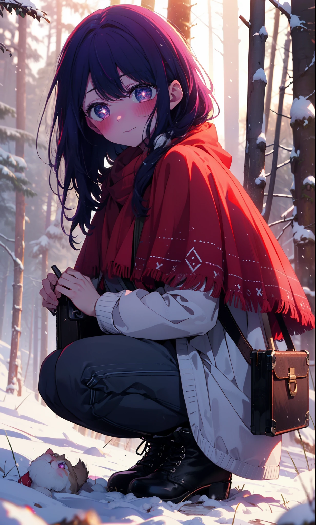 aihoshino, Ai Hoshino, Long Hair, bangs, (Purple eyes:1.1), Purple Hair, (Symbol-shaped pupil:1.5), smile,,smile,blush,White Breath,
Open your mouth,snow,Ground bonfire, Outdoor, boots, snowing, From the side, wood, suitcase, Cape, Blurred, , forest, White handbag, nature,  Squat, Mouth closed, Cape, winter, Written boundary depth, Black shoes, red Cape break looking at viewer, Upper Body, whole body, break Outdoor, forest, nature, break (masterpiece:1.2), Highest quality, High resolution, unity 8k wallpaper, (shape:0.8), (Beautiful and beautiful eyes:1.6), Highly detailed face, Perfect lighting, Extremely detailed CG, (Perfect hands, Perfect ???????),