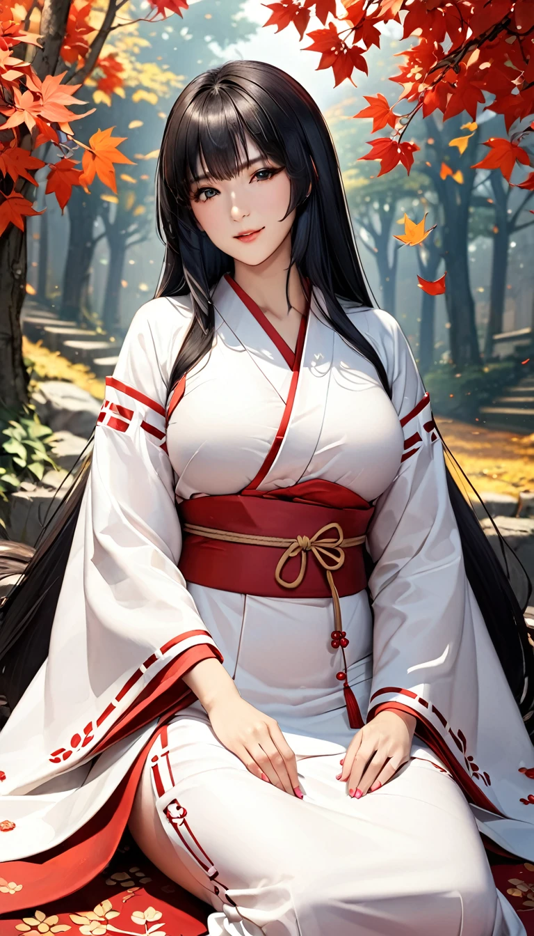 Highest quality, (masterpiece:1.35), wallpaper, (figure), original, (Depth of written boundary), (One girl:1.35), (alone), whole body, dynamic, Detailed face,Mature Woman, Adult, (old:1.3), Medium chest, interesting, Happy,Miko costume, Floral decoration,Ridiculously long hair, Black Hair,Dog ear volume lighting, fallen leaves, Tyndall effect,