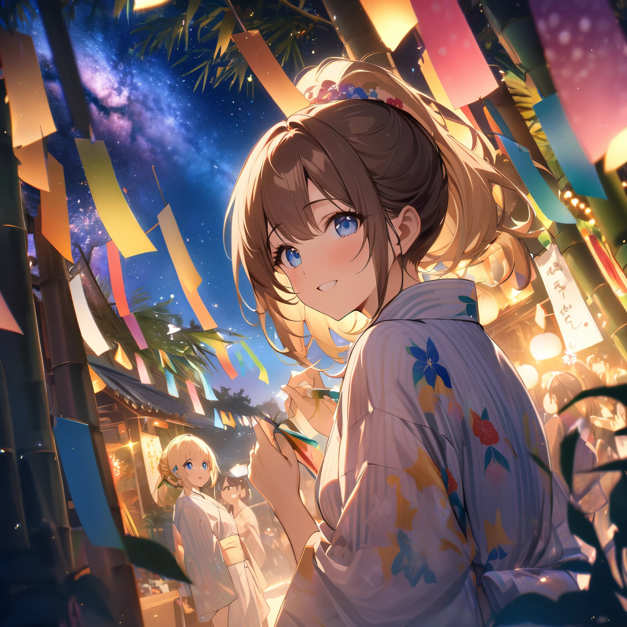 Highest quality, masterpiece, The girl who grants wishes,blonde,blue eyes,Double exposure, The best smile, Look up at the sky, yukata, milky way, Night view, Tanabata Festival, Large bamboo and colorful hanging ornaments,Golden light particle effect、Japanese Events、Tanabata decoration、Bamboo、wish、ponytail、Brown Hair、Blue eyes