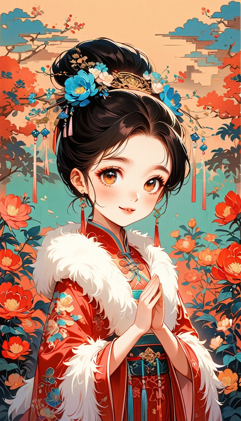 A beautiful young little girlonal Chinese attire, sweet smile, from front, eyes look at other side, praying gesture, fashion pose, charming and attractive sexy pose, surrounded by a lush garden. gazing at it with gentle eyes. The woman's hair is styled in an elaborate updo adorned with flowers and traditional ornaments. Her dress is elegant, pink and white color tone, featuring fine silk with floral embroidery. The garden is in full bloom, with peonies and other flowers providing a backdrop. The scene captures the serenity and beauty of classical Chinese art, with a touch of nature harmony, (((Ultra-high saturation, high natural saturation, extremely bright colors)))
