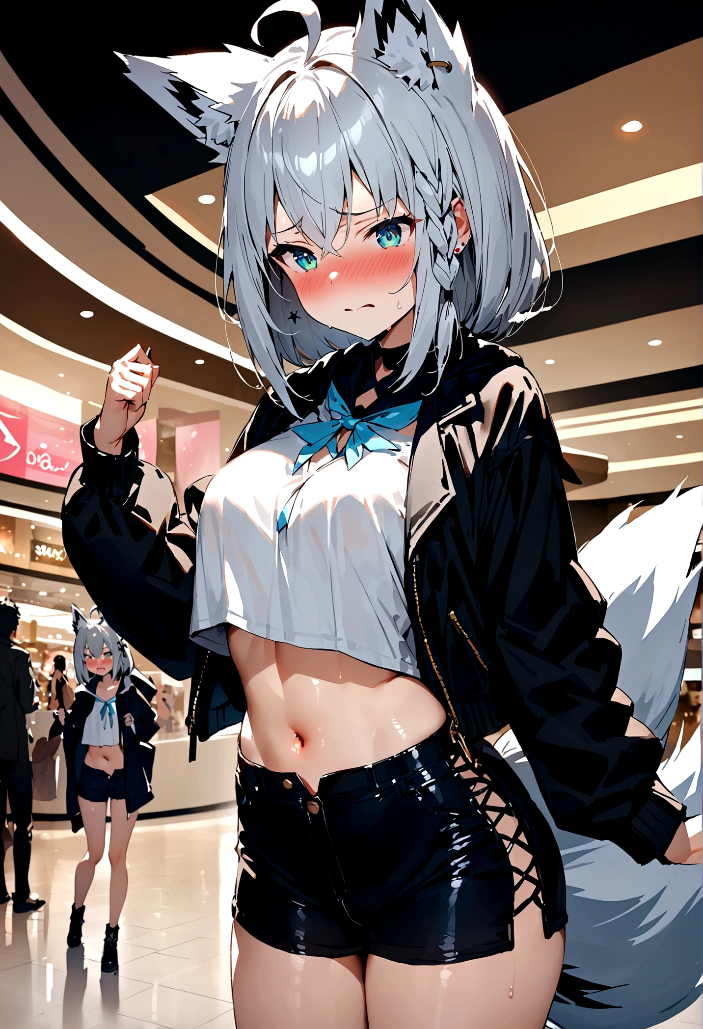 NSFW,masterpiece,Highest quality,High resolution,Super detailed,Shirakami Fubuki\(Hololive\),Gray Hair、One-sided braid、Ahoge、Earrings,Fox ears,Fox tail,Jacket,Crop top,Shorts,Embarrassed,Frustrated face,Lust,blush,Expecting face,Seduce,Shopping mall