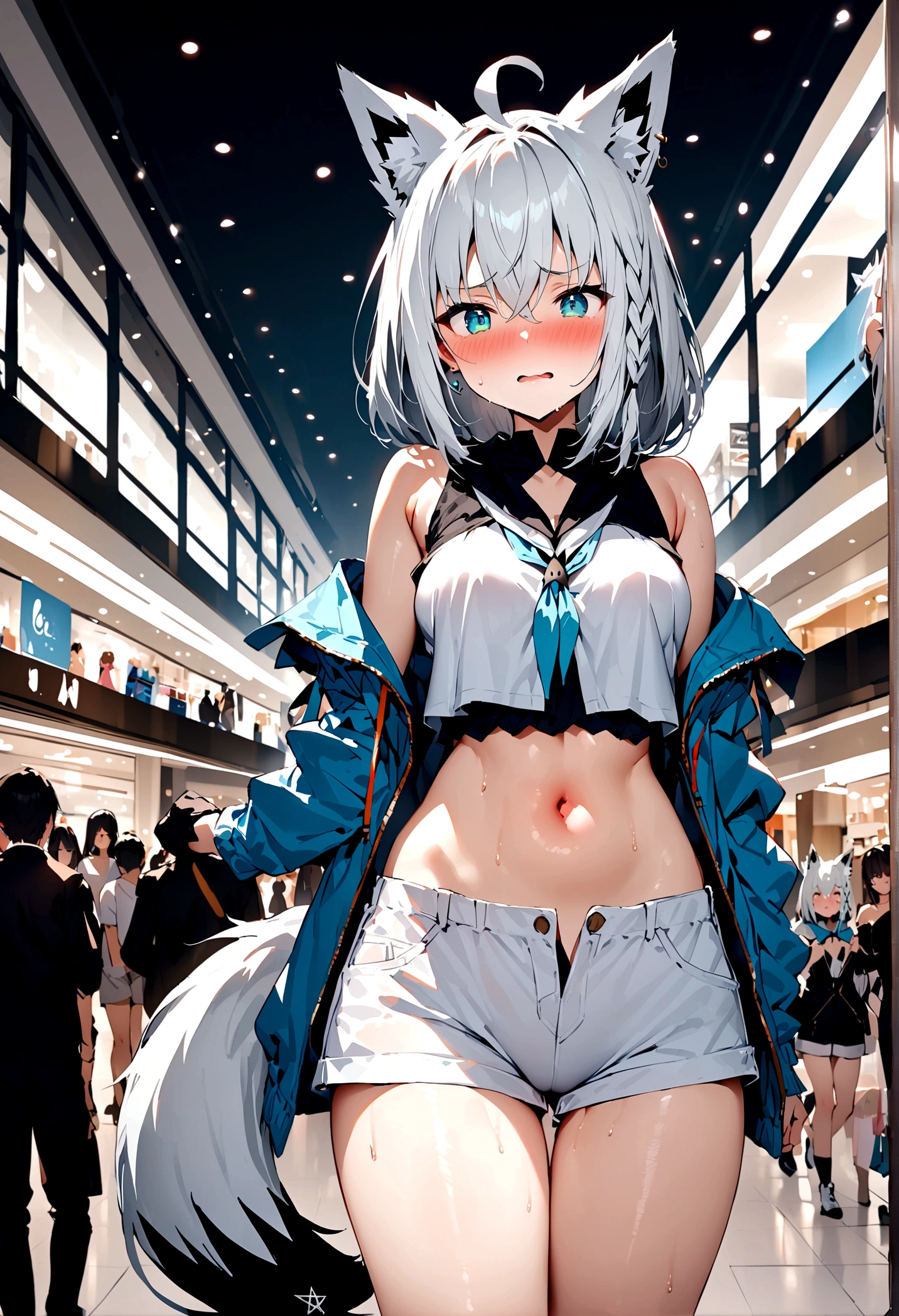 NSFW,masterpiece,Highest quality,High resolution,Super detailed,Shirakami Fubuki\(Hololive\),Gray Hair、One-sided braid、Ahoge、Earrings,Fox ears,Fox tail,Jacket,Crop top,Shorts,Embarrassed,Frustrated face,Lust,blush,Expecting face,Seduce,Shopping mall