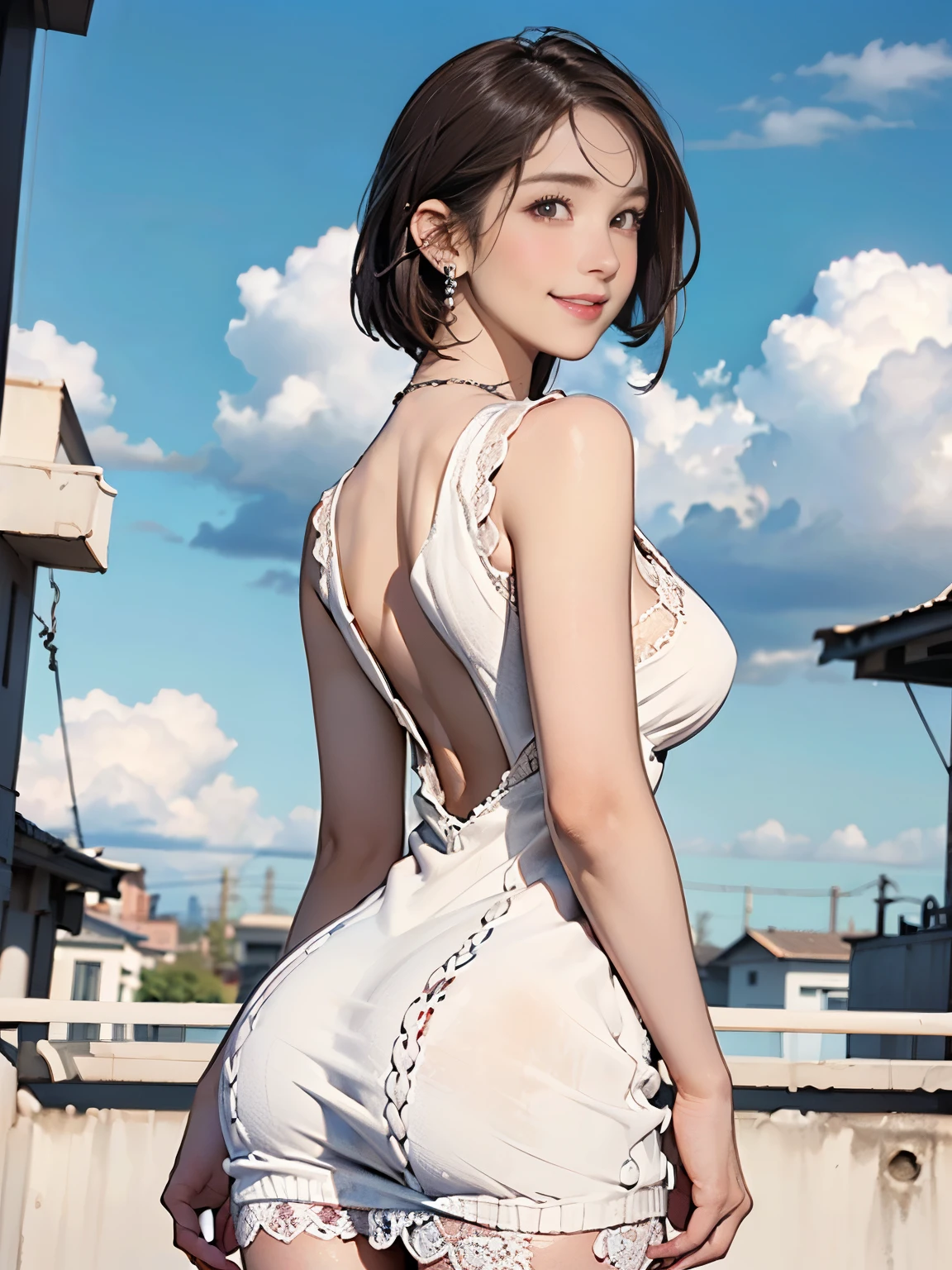 ((((Highest quality))))、(((Ultra-precision CG16K wallpaper)))、(((masterpiece)))、(((Super detailed)))、(((Extreme detail)))、((1Mature 29 year old woman:1.6))、((Very beautiful Japan face of a person))、((Urizane Face:1.8))、((Short bob straight hair:1.8))、(Shiny Hair)、A delicately drawn beautiful face、(Dark Eyes、Reflected light from the eye)、double eyelid、High nose、Small nostrils、Small Mouth、Seductive lips、Beautiful breasts、((C cup size breasts))、Cleavage、Delicate nails、Beautiful feet、Thin thighs、eight-headed body、Perfect proportions、Perfect Anatomy、Perfect composition、Beautiful detailed shading、Beautiful, natural lighting、Beautiful detail glow、Depth of written boundary、(((High chroma)))、(((Real:1.9)))、((vivid:1.5))、((Beautiful Skin))、((Skin Texture))、((Realな皮膚感))、(((Cowboy Shot:1.6)))、(((back view、shoot from back、back low angle:1.6)))、(((smile:1.6)))、(((looking at camera:1.6)))、Bright daylight、Natural light、(((background_Deserted residential area、Sky and Clouds:1.5)))、(Walking pose:1.6)、(((White sleeveless lace knit mini dress:1.6)))、((necklace、Wearing earrings:1.5))、((Lace Stockings Clothed:1.3))、