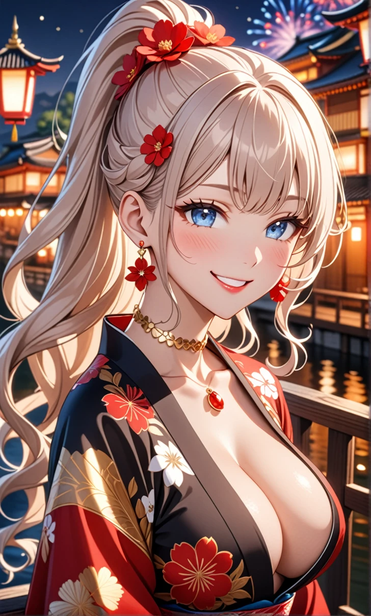 ultra-detailed, ((one girl)), ((a girl with white hair wearing a black kimono)), hyper detailed, absurdres, 8K, Beautiful Face, (Laugh shyly), ((teasing smile:1.8)), ((Wink:1.8)), (Laugh with your mouth wide open),(Tilt your head:1.3), View your viewers, ((Bright red cheeks:1.6)),Glossy Red Lips, ((:1.5)), (valley),night, Riverside,On Bridge, firework, (Brighten your face), ((Anime style background)),masterpiece, Highest quality, so beautiful,Latest, Complex details, (Pink long nails), (nail art), (ring),(bracelet), (Floral Choker),AI-generated, Complex,High resolution, Highest quality, super high quality,3D Images、3D Images,One person,White long hair,(High Ponytail), (wavy hair:1.3), Fair-skinned anime woman posing for a photo, ((Fine grain、blue eyes、glowing eyes:1.4)), ((add white color to blue eyes)), (Squint your eyes:1.1),a hyperRealistic , hyperRealistic , Realistic, Anime woman with long white hair, Smooth anime CG art, A girl in a gorgeous kimono with gold embroidery, ((black furisode:1.3),(Red floral pattern) ,Long flower hair ornament,Floral Earrings,Mature Body,Abdominal muscles,Narrow waist,((arched back:1.9)), (front view),