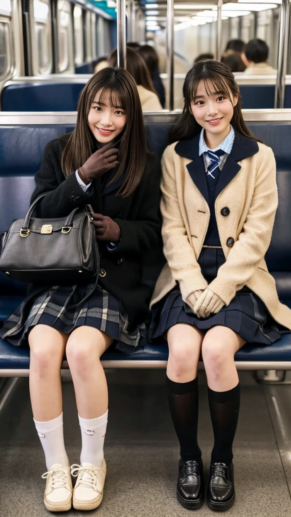 A photo of two mature Japanese high school girls wearing cute wool coats with leather shoes and short, shiny, thin black leather gloves.,Inside the train,Voyeur,Heavy makeup face,Ultra-detailed face, open eyes,((Legs crossed)).Smelly socks, Ultra Mini Skirt,She looks at the photographer with an inviting expression.,School Bags,This photo was taken in daylight with soft lighting..、The girls are sitting on train seats.。. This photo was taken by someone on their cell phone..、Apparently it was posted on Snapchat.。.