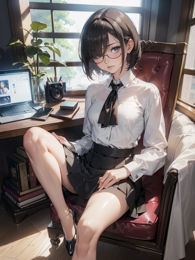 (((((middle age woman))))), masterpiece, ultra detailed, 8k portrait, RAW photo, portrait photography, highly detailed face, 1 woman, (((((sitting spread legs))))), 23 years old, (((((tall))))), (((small eyes))), glasses, (((black very short cut hair))), (((hair over one eyes))), (((white skin color))), (((((Office lady suits))))), (((((white dressedshirt))))), (((((knee length skirt))))), ((black pantyhose)), (((pumps))), Midday Sun, hyper realistic, Body model, (Small breast:1.5), Beautiful breasts, Long legs, in the office room, Ambient lighting, Shadow details , Camera focus on face, strong breeze, Light fog