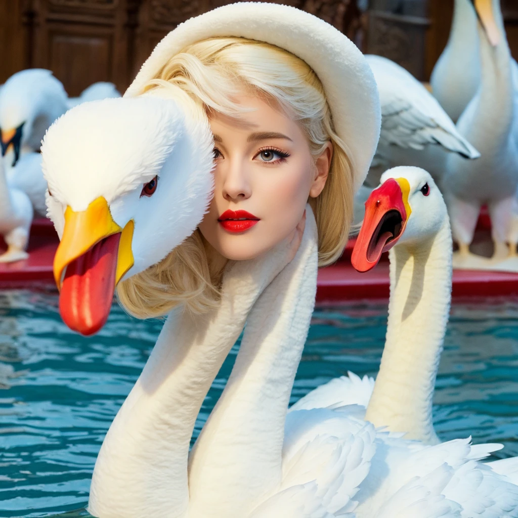 A white animal shaped swan with blonde hair, wearing red lipstick singing