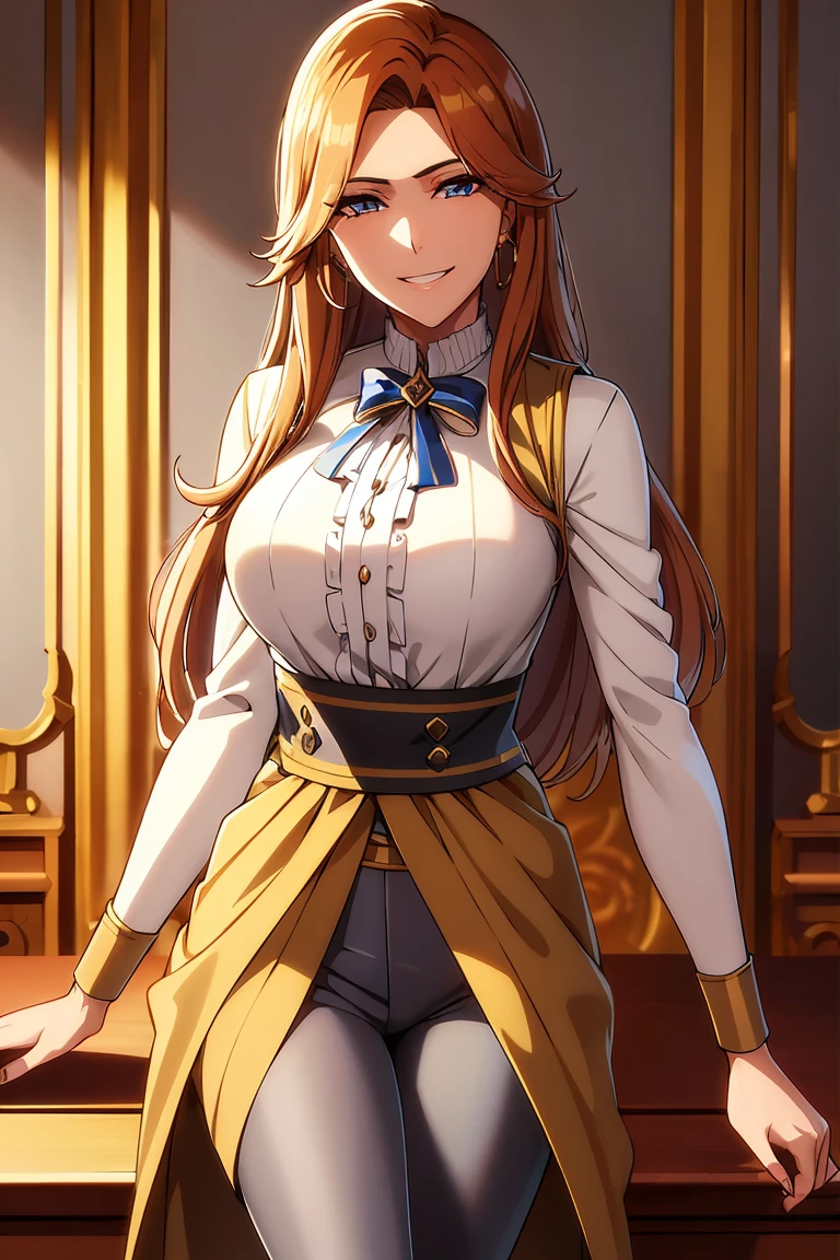 A high resolution, ultra detailed, HDR, masterpiece, very detailed face and eyes, confident expression with a grin, young woman, trousers, and blouse long wheat hair, 18 years, Squint, creative hairstyle, beautiful makeup with arrows, sapphire eyes with a golden shimmer in the middle