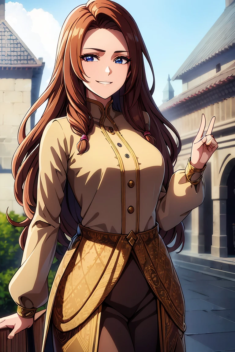A high resolution, ultra detailed, HDR, masterpiece, very detailed face and eyes, confident expression with a grin, young woman, trousers, and blouse long wheat hair, 18 years, Squint, creative hairstyle, beautiful makeup with arrows, sapphire eyes with a golden shimmer in the middle