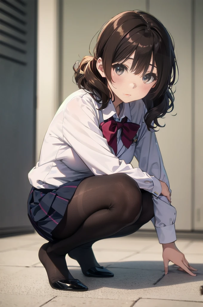 Top quality, masterpiece, High resolution, (Head to toe full body), front, frontやや下からの構図, Symmetric, Tall 18 year old girl, alone, (Head to toe), (Small breasts), Unkempt brown hair, bangs, (black tights), (Black Pantyhose), (Sit with your legs apart), (Crouching pose), (A composition showing white panties), (Her legs were spread、I see your white pants.), (I was made to sit on the floor with my legs spread..), (M-shaped legs), Thin legs, A very beautiful and tall 18 year old girl, (No shoes), blush, Shy big eyes, looking at the camera, Blazer Uniform, Checkered Pleated Skirt、Kumiko Omae