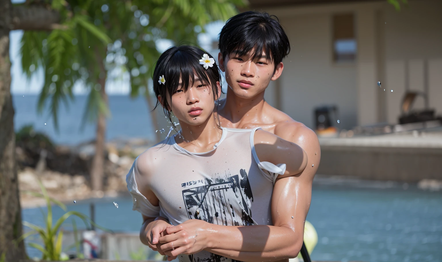 8k resolution, realistic, glossy skin, high quality, high display, shadows shading, smooth hair, Asian boy, hairpin, wet body, wet clothes, wet hair