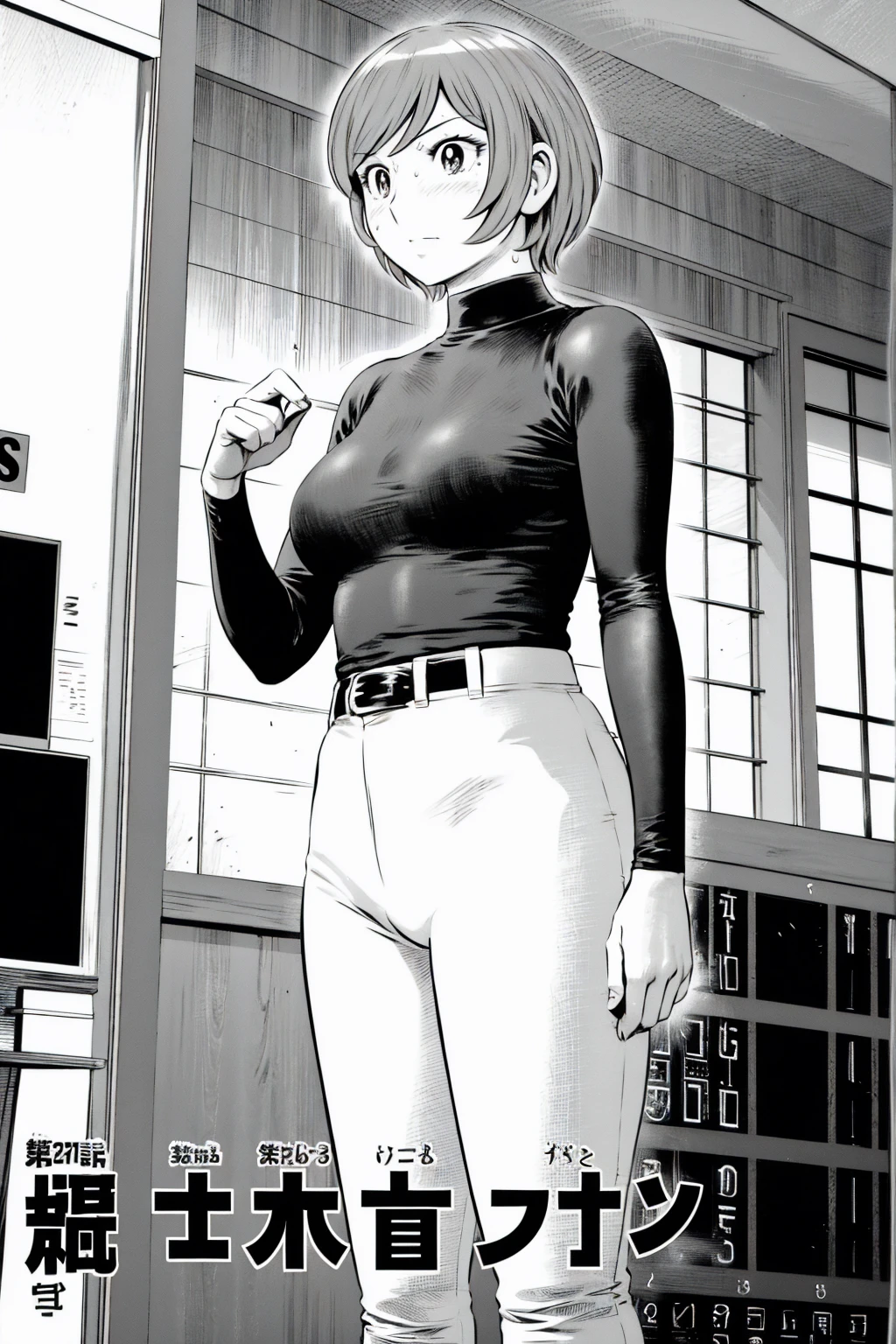 、(masterpiece、Highest quality)、Highest quality, Ultra-high resolution, (((masterpiece))), alone, Sweat、Big eyes,Tight black shirt、Tight white pants、belt、indoor、Composition from the front、(Cut the back hair short、short hair、blonde、woman)、Shortcuts、Embarrassed face、Cut your hair short、可愛いwomanの子、Big Breasts、office