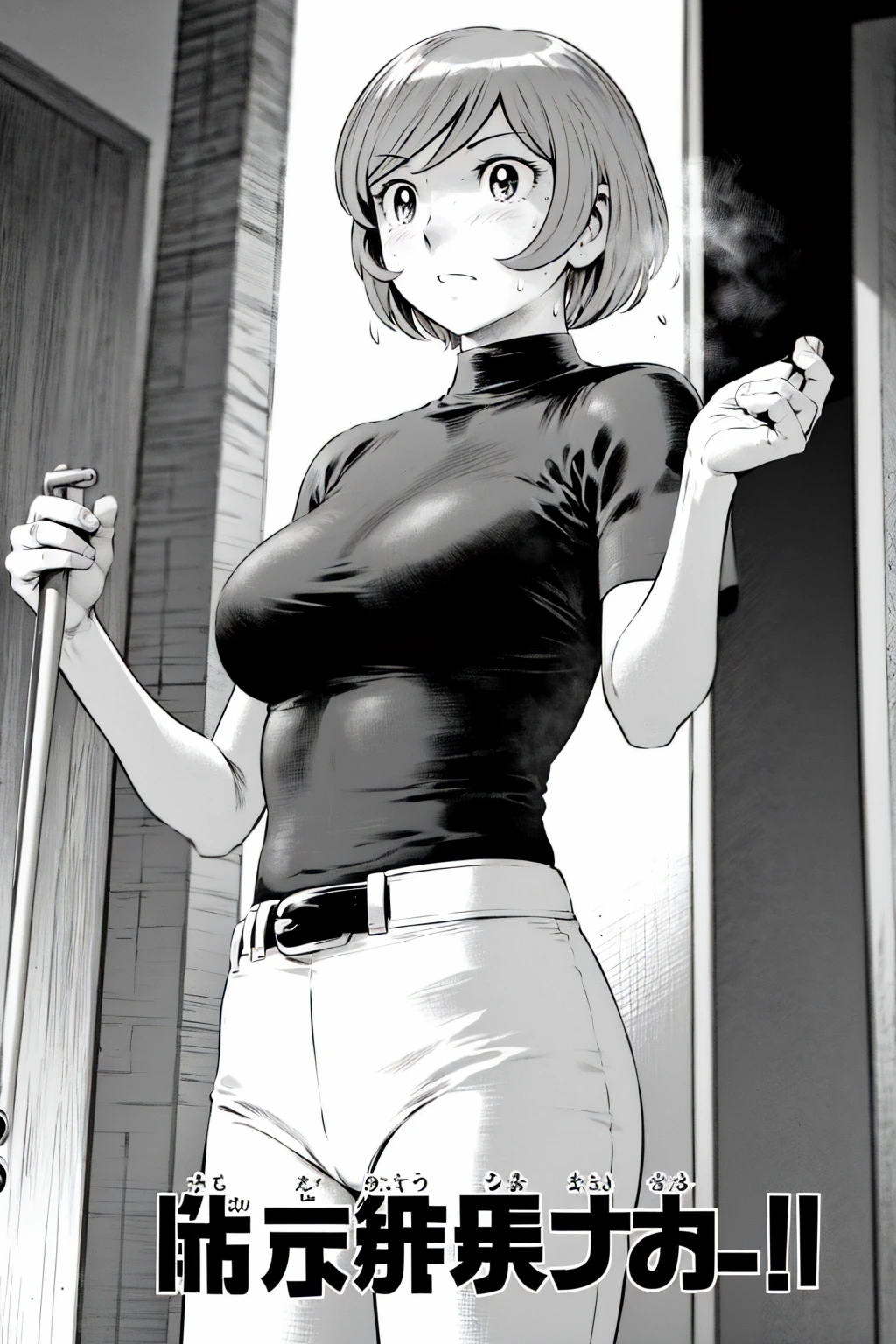 、(masterpiece、Highest quality)、Highest quality, Ultra-high resolution, (((masterpiece))), alone, Sweat、Big eyes,Tight black shirt、Tight white pants、belt、indoor、Composition from the front、(Cut the back hair short、short hair、blonde、woman)、Shortcuts、Embarrassed face、Cut your hair short、可愛いwomanの子、Big Breasts、office