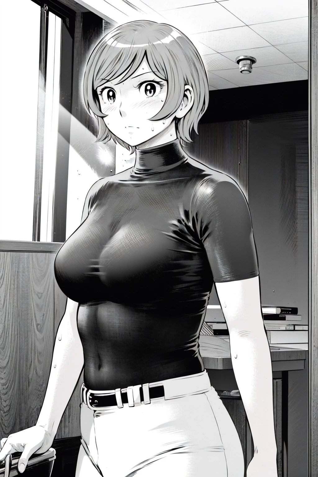 、(masterpiece、Highest quality)、Highest quality, Ultra-high resolution, (((masterpiece))), alone, Sweat、Big eyes,Tight black shirt、Tight white pants、belt、indoor、Composition from the front、(Cut the back hair short、short hair、blonde、woman)、Shortcuts、Embarrassed face、Cut your hair short、可愛いwomanの子、Big Breasts、office
