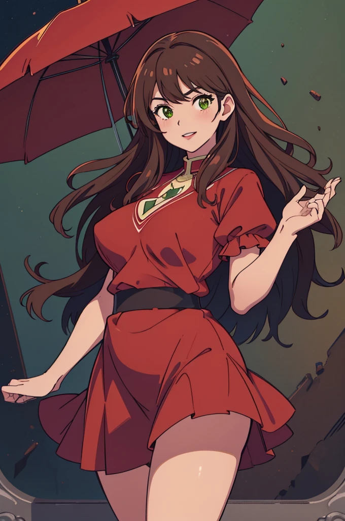 ((high detailed, best quality, 4k, masterpiece, hd:1.3)), green eyes, BREAK green eyes, seductive, attractive, sexy smile, smooth anime cg art, 44dd breasts, long legs, vivid colors, detailed digital art, curvy body, caramel-brown skin, tan skin, dark brown hair, long hair, wavy hair, thigh-length hair, BREAK caramel-brown skin, 44dd breast, looking at viewer, BREAK looking at viewer, extremely detailed face, red dress, black eyelashes, long eyelashes, glossy lips, (dark:1.2), lips, (perfect hands, perfect anatomy), medium lips, plump and soft lips, detailed fingers, five fingers per hand, 5 fingers, (1 girl), detailed lips, detailed soft lips, detailed plump lips, BREAK caramel-brown skin, tan skin, light brown skin, BREAK daytime, long and wavy brown hair, thigh-length wavy brown hair, long wavy hair that goes to thighs, long wavy hair that goes to shins, caramel-brown skin, tan skin, curvy figure, voluptuous figure, caramel-brown skin, simple red dress with short red puffy sleeves