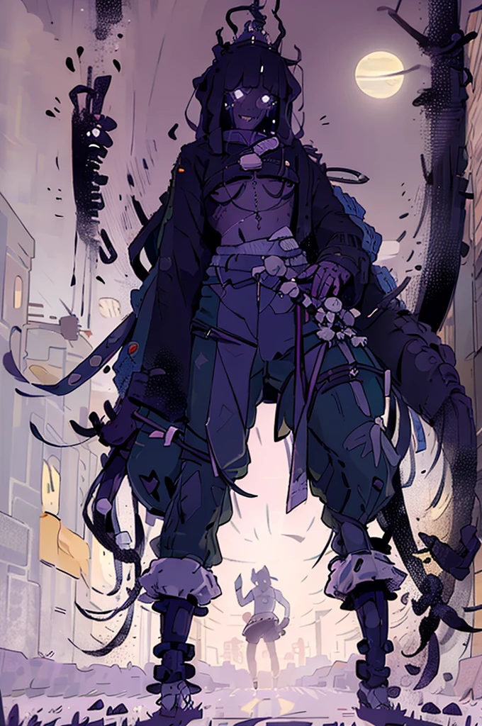 A teenager walks down the deserted street of a gloomy city, illuminated only by the moonlight. Large buildings and stores surround the scene, creating an atmosphere of terror and mystery. inside a store, white eyes and a macabre smile of a black monster stand out in the darkness. The boy, wearing baggy pants and black sweatshirt, with white skin and dark hair