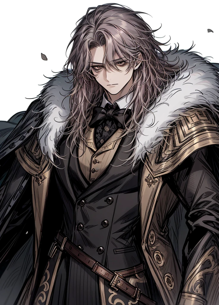 1boy, griz hair, long hair, masculine face, handsome, mysterious, legendary hero, beautiful clothes, (high resolution, high detail, best quality), fur cape, shotgun, butler outfit
