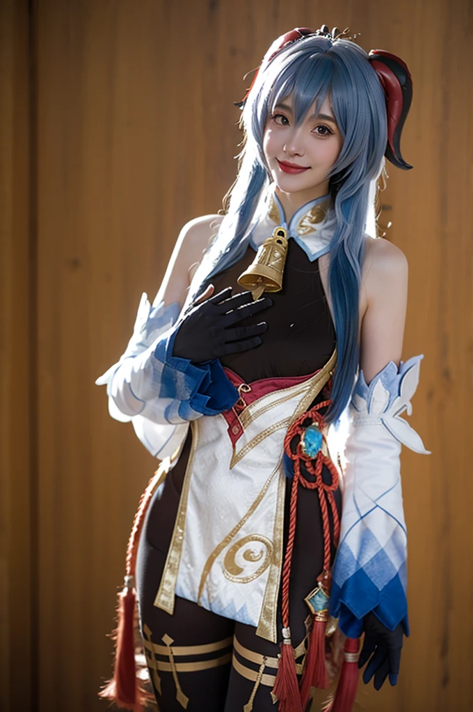 best quality, masterpiece, photorealistic, 1girl, solo, looking at viewer, smile, closed mouth, cowboy shot, standing, hand on own chest, ganyu cosplay costume, cosplay, blue hair, long hair, horns, bangs, ahoge, sidelocks, tight, black bodysuit, body stocking, detached sleeves, gloves, neck bell, chinese knot, tassel, simple background,