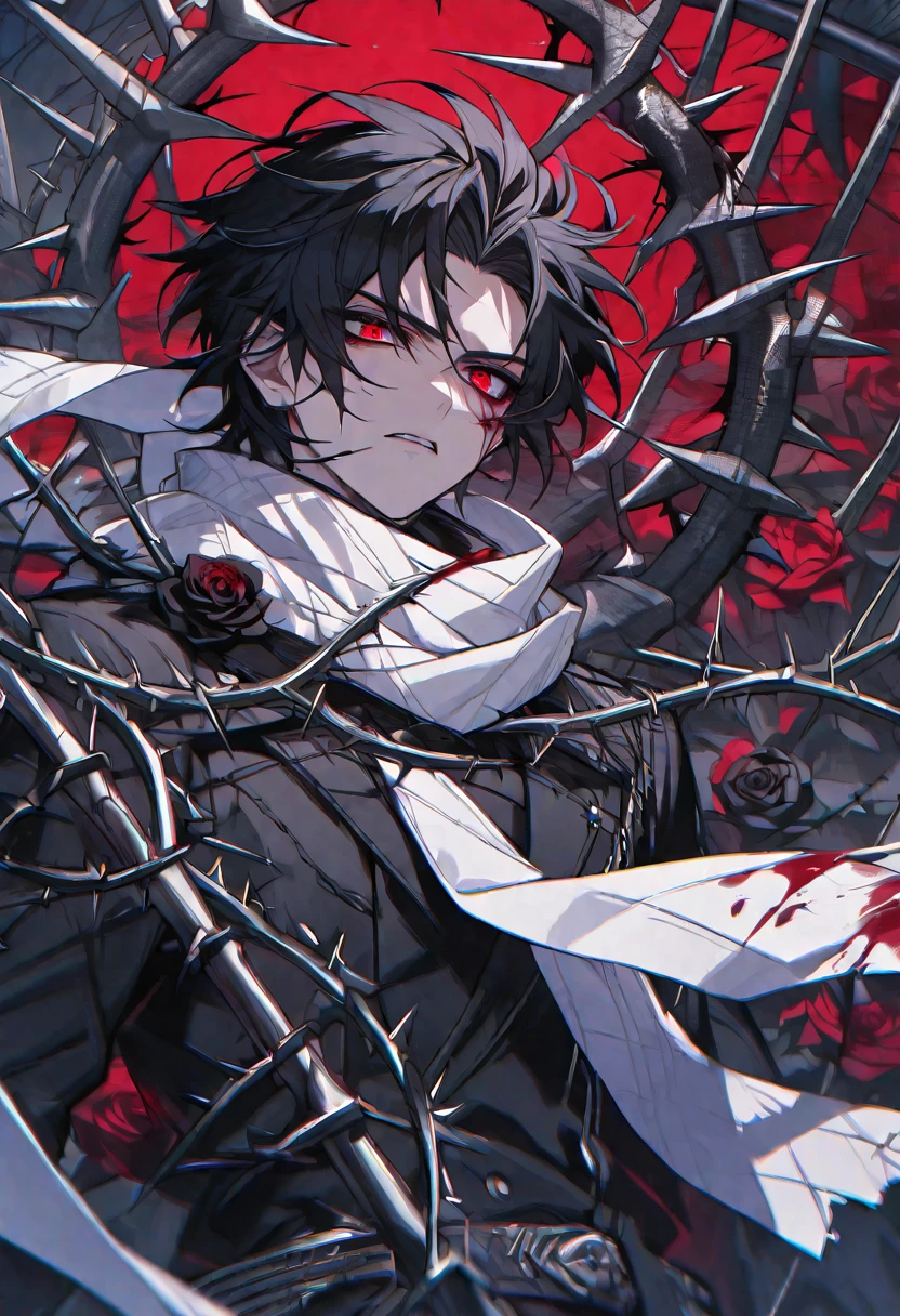 Solo, male, black hair, red eyes, black coat, white scarf, black roses, thorns, blood