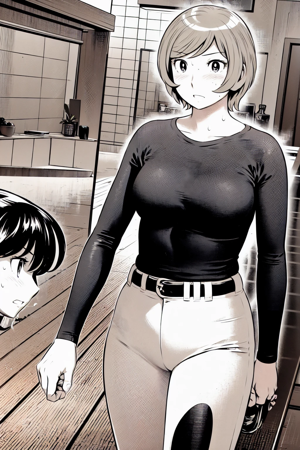 、(masterpiece、Highest quality)、Highest quality, Ultra-high resolution, (((masterpiece))), alone, Sweat、Big eyes,Tight black shirt、Tight white pants、belt、indoor、Composition from the front、(Cut the back hair short、short hair、blonde、woman)、Shortcuts、Embarrassed face、Cut your hair short、可愛いwomanの子、Big Breasts、Inside the room、Full Color、Baseball uniform