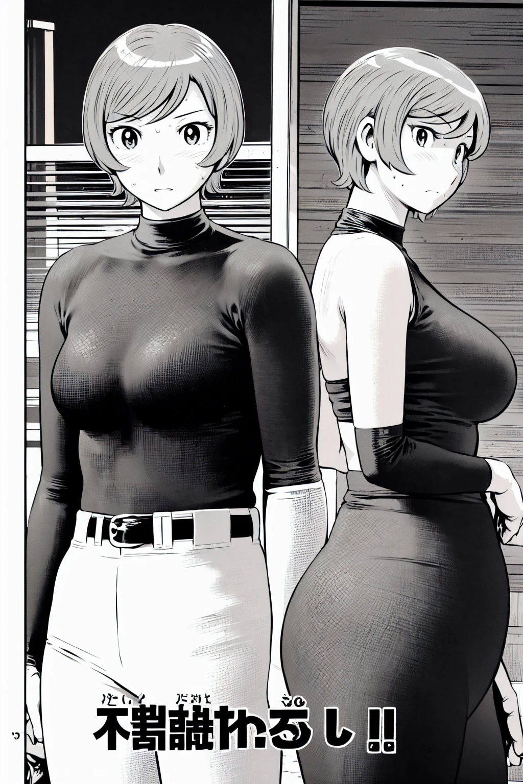 、(masterpiece、Highest quality)、Highest quality, Ultra-high resolution, (((masterpiece))), alone, Sweat、Big eyes,Tight black shirt、Tight white pants、belt、indoor、Composition from the front、(Cut the back hair short、short hair、blonde、woman)、Shortcuts、Embarrassed face、Cut your hair short、可愛いwomanの子、Big Breasts、Inside the room、Full Color、Baseball uniform