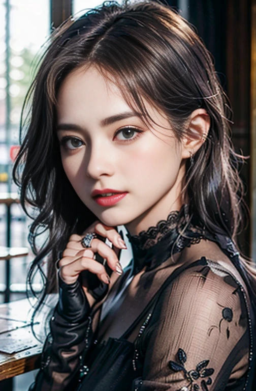 (8K, Raw photography, top-quality, masterpiece: 1.2), masterpiece, Super Detail, 超A high resolution, (Realistic and realistic photos: 1.37), high-definition RAW color photography, extremely delicate and beautiful, ighly detailed, 8K Wallpaper, astonishing, detaileds, extremely detailed eye, highlydetailed skin, extremely detailed fingers, highly detailed nose, highly detail mouth, perfect anatomia,1girl in, apron, Black Dress, Blurry, Blurry background, Blurred foreground, blush, braid, breasts, depth of fields, Dress, eyebrows visible through hair, frilld, gloves, hair between eye, Indoors, Jewelry, juliet sleeves, Long sleeves, Looking at Viewer, maid, maid apronl, Maid headdress, Puffy sleeves, Short hair, Sitting, 独奏, White apron, window, Huge 、hposing Gravure Idol、actress、45-years old、tall、cafes、restaurant、Italy、Americans、Australia chest decoration