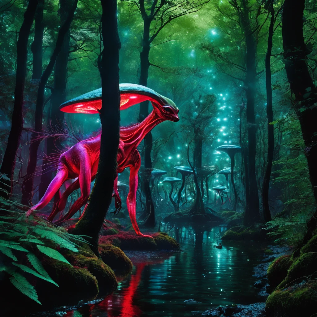 Fine art, black-white-red-green, high contrast, national geographical photo: André Uhlisch - Art, schwarzweiß rot grün, hoher kontrast, national geographic photo image, digital painting of a Bioluminescent alien family with shimmering, iridescent fur, prancing in an otherworldly forest, illuminated by the creatures' magical light, wearing disco-core fashion, Ektachrome photography style, with a juxtaposition of post-apocalyptic futuristic elements and hyper-realistic detail, captured on 70mm film, surrounded by a vibrant, enchanted woodland with glowing flora and fauna