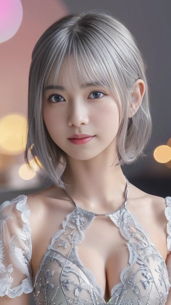 (a cute ultra young japanese girl:1.25), extremely detailed face, NO makeup, beautiful eyes with long eyelashes, charming eyes, dropped eyes, small delicate nose, lovely smiling lips, (short silver hair:1.5), (porcelain white skin, wearing a lacy camisole, slender figure:1.25), (best quality,4k,8k,highres,masterpiece:1.2),ultra-detailed,(realistic,photorealistic,photo-realistic:1.37),HDR,UHD,studio lighting,ultra-fine painting,sharp focus,physically-based rendering,extreme detail description,professional,vivid colors,bokeh,portraits,soft pastel colors,natural lighting,cinematic composition
