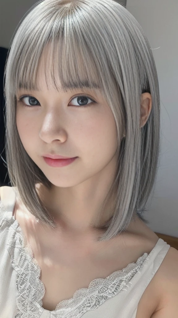 a cute ultra young japanese girl, extremely detailed face, NO makeup,beautiful eyes with long eyelashes, charming eyes,dropped eyes,small delicate nose, lovely smiling lips, (short silver hair:1.5), (porcelain white skin, wearing a lacy one-piece dress, slender figure:1.25), (best quality,4k,8k,highres,masterpiece:1.2),ultra-detailed,(realistic,photorealistic,photo-realistic:1.37),HDR,UHD,studio lighting,ultra-fine painting,sharp focus,physically-based rendering,extreme detail description,professional,vivid colors,bokeh,portraits,soft pastel colors,natural lighting,cinematic composition