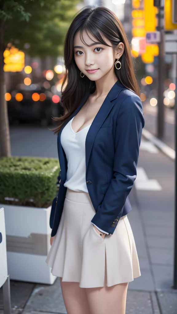 Woman in a suit standing on the sidewalk,((23-year-old woman))、small Breasts、Dark brown hair color、Hairstyle with bangs、Various hairstyles、Hairstyles of different lengths、(8k, RAW Photos, highest quality, Tabletop: 1.2),、(Realistic, Realistic: 1.3), Cityscape, Day, Sunny Morning, Professional Lighting, Photon Mapping, shirt, (Woman in a suit,) Silk Suit、Pencil Skirt、Tight Skirt、((Delicate photo))，(Detailed RAW Photos of Girls), (Tabletop:1.25), (highest quality:1.6), (超A high resolution:1.5), (Realistic:1.75), 8k resolution, Canon EOS R5, 50mm, absurdes, Ultra-detailed,Cinema Lighting, (Skirt Lift:1.5)、nsfw、the wind is strong、smile、Skirt flipped up, ((panties)), beautiful pussy, nsfw,