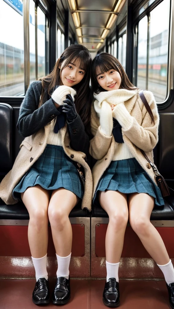 A photo of two mature Japanese high school girls wearing cute wool coats with leather shoes and shiny, thin, short black leather gloves.,Inside the train,Voyeur,Heavy makeup face,Ultra-detailed face, open eyes,((Legs crossed)).Smelly socks, Ultra Mini Skirt,She looks at the photographer with an inviting expression.,School Bags,This photo was taken in daylight with soft lighting..、The girls are sitting on train seats.。. This photo was taken by someone on their cell phone..、Apparently it was posted on Snapchat.。.