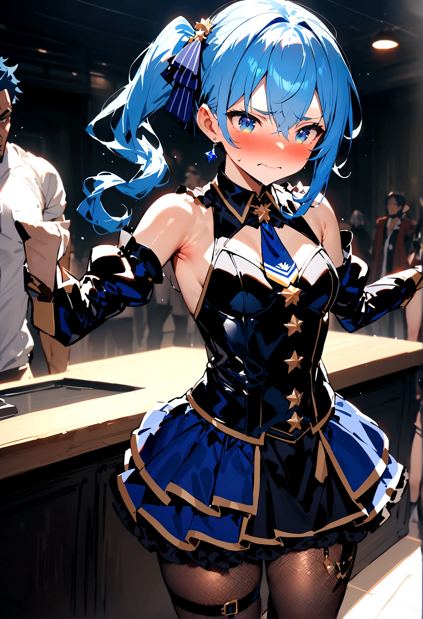 NSFW,masterpiece,Highest quality,High resolution,Super detailed,Star Town Suisei\(Hololive\),Blue Hair,One Side Ponytail,Blue Eyes,Small breasts,White leotard,High leg,Removable sleeves,Micro Mini Skirt,Fishnet tights,Adventurer's Guild,Reception counter,Embarrassed,blush,Expecting face,(Molester),(Strong-faced men),Surrender
