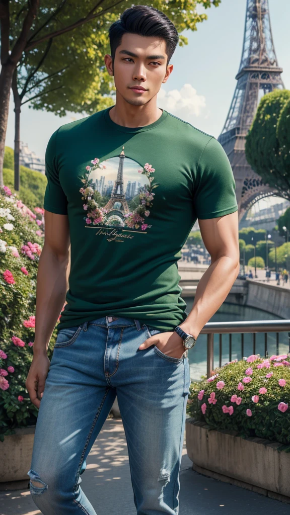 4D realistic image of the dynamic pose of a handsome Indonesian man, slim body, oval face shape with a vintage Eiffel Tower background, wearing a casual t-shirt and jeans, Paris streets with flower gardens and green trees, detail, soft lighting, romantic atmosphere, photography,  high resolution.