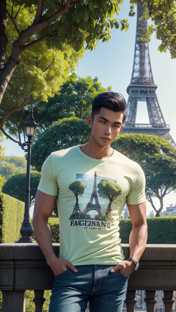 4D realistic image of the dynamic pose of a handsome Indonesian man, svelte body, oval face shape with a vintage Eiffel Tower background, wearing a casual t-shirt and jeans, Paris streets with flower gardens and green trees, detail, soft lighting, romantic atmosphere, photography, high resolution.
