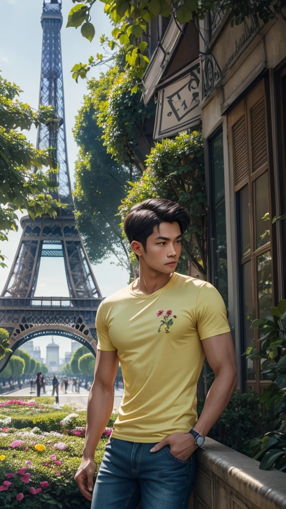 4D realistic image of the dynamic pose of a handsome Indonesian man, slim body, oval face shape with a vintage Eiffel Tower background, wearing a casual t-shirt and jeans, Paris streets with flower gardens and green trees, detail, soft lighting, romantic atmosphere, photography, high resolution.