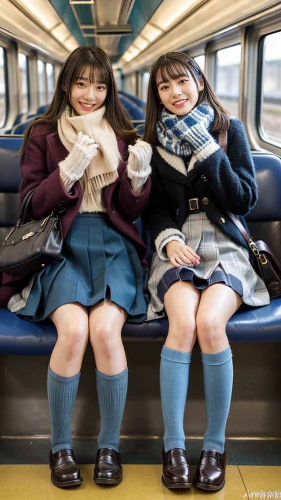A photo of two mature Japanese high school girls wearing cute wool coats with leather shoes and shiny, thin, short black leather gloves.,Inside the train,Voyeur,Heavy makeup face,Ultra-detailed face, open eyes,((Legs crossed)).Smelly socks, Ultra Mini Skirt,She looks at the photographer with an inviting expression.,School Bags,This photo was taken in daylight with soft lighting..、The girls are sitting on train seats.。. This photo was taken by someone on their cell phone..、Apparently it was posted on Snapchat.。.