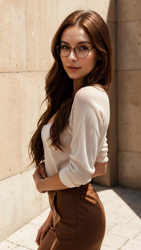 creates a 28-year-old girl, long copper-brown hair, oval face, brunette with Italian, with glasses, brown eyes, charismatic, friendly, fashion designer, standing, with white background, photos taken with the iPhone 14pro three-lens camera max, with natural light and shadows, realistic photo