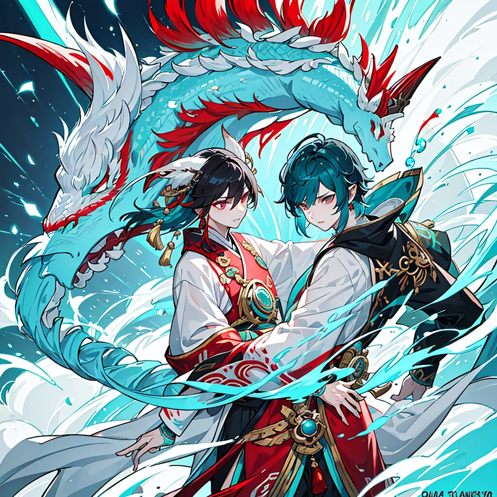 a hybrid teenage chinese dragon boy, medium and slender body, turquoise scales, thin arms, short and messy dark turquoise hair, a horn on the forehead, small and pointed ears with traditional red earrings, iridescent pale eyes, wearing white and turquoise traditional japanese style clothing with red patterns, long chinese dragon tail with turquoise patterns, profile, 1 boy character, pale skin, dark turquoise hair, Kaeya Genshin Impact, Final Fantasy XIV, attack pose, (best quality,4k,8k,highres,masterpiece:1.2),ultra-detailed,(realistic,photorealistic,photo-realistic:1.37),intricate details,hyper realistic,dramatic lighting,cinematic,digital art,illustration,fantasy,concept art
1 boy alone