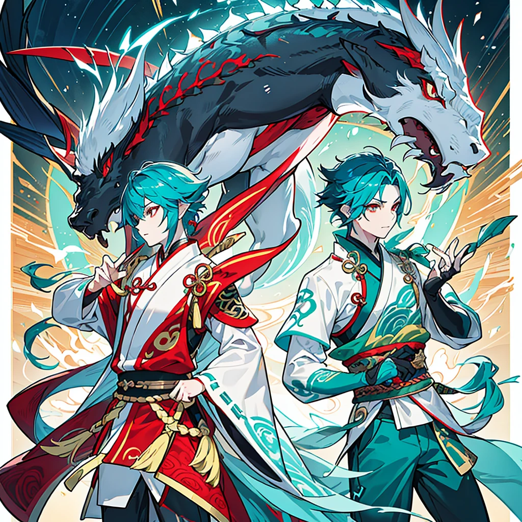 a hybrid age chinese dragon boy, medium and slender body, turquoise scales, thin arms, short and messy dark turquoise hair, a horn on the forehead, small and pointed ears with traditional red earrings, iridescent pale eyes, wearing white and turquoise traditional japanese style clothing with red patterns, long chinese dragon tail with turquoise patterns, profile, 1 boy character, pale skin, dark turquoise hair, Kaeya Genshin Impact, Final Fantasy XIV, attack pose, (best quality,4k,8k,highres,masterpiece:1.2),ultra-detailed,(realistic,photorealistic,photo-realistic:1.37),intricate details,hyper realistic,dramatic lighting,cinematic,digital art,illustration,fantasy,concept art
1 boy alone