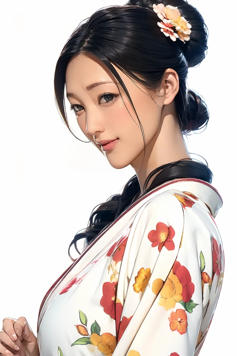 (Highest quality、Tabletop、Best image quality、Award-winning works)、 1 Beautiful Mature Woman、(Beautiful vibrant kimono with elegant floral patterns:1.3)、The perfect kimono、Perfect female portrait photography、Glowing Skin、Standing Elegantly、(The simplest pure white background:1.4)、Glowing Skin、smile、Large Breasts、Accentuate your body lines、Upper body photo、Hair Bun、Perfect beautiful face