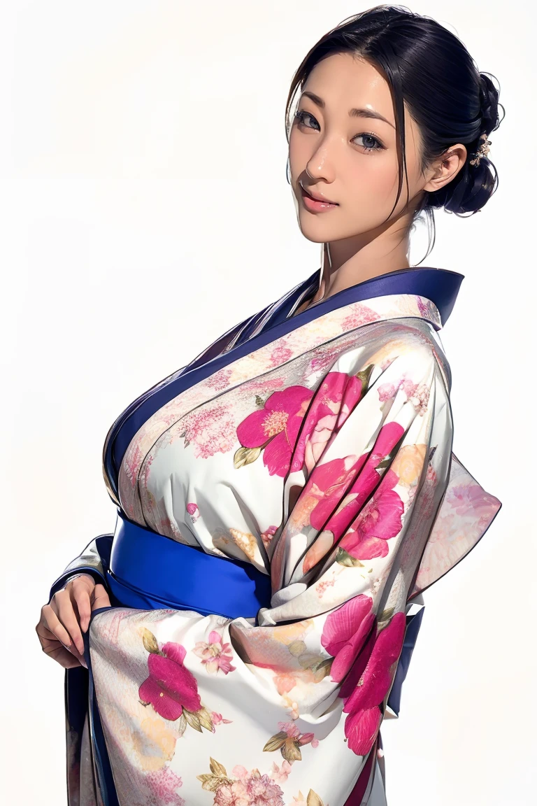 (Highest quality、Tabletop、Best image quality、Award-winning works)、 1 Beautiful Mature Woman、(Beautiful vibrant kimono with elegant floral patterns:1.3)、The perfect kimono、Perfect female portrait photography、Glowing Skin、Standing Elegantly、(The simplest pure white background:1.4)、Glowing Skin、smile、Large Breasts、Accentuate your body lines、Upper body photo、Hair Bun、Perfect beautiful face