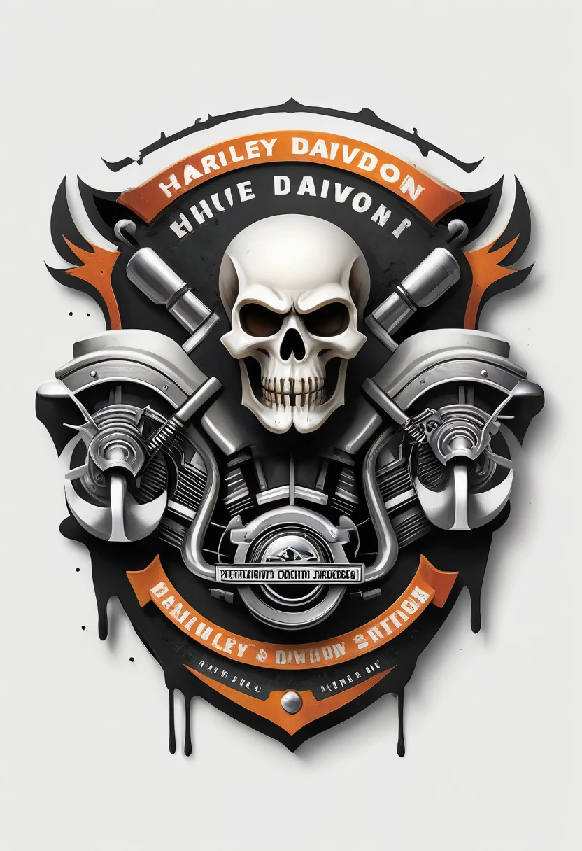 Harley Davidson logo design,t shirt design,design only,white background,no model,professional,high contrast,high-res,ultra-detailed,vivid colors,metallic accents,sharp focus,edgy,dynamic composition,gritty texture,rough brush strokes,mechanical elements,chrome effect,classic typography,retro style,distressed look,aggressive lines and curves,3D rendering,striking visual impact,dark shadows,strong branding presence,monochromatic palette,industrial aesthetic