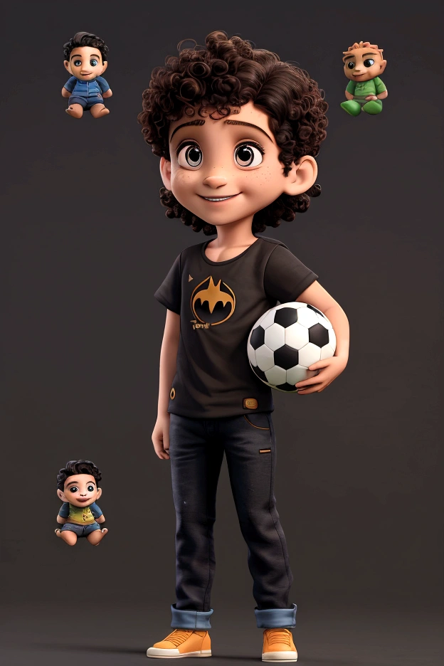 Ravi holding soccer ball, smiling for photo, cute boy, Light brown bun hair, Short curly hair, Ravi in a black Batman shirt and jeans, school background with various toys