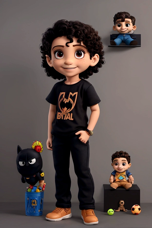 Ravi holding soccer ball, smiling for photo, cute boy, Light brown bun hair, Short curly hair, Ravi in a black Batman shirt and jeans, school background with various toys