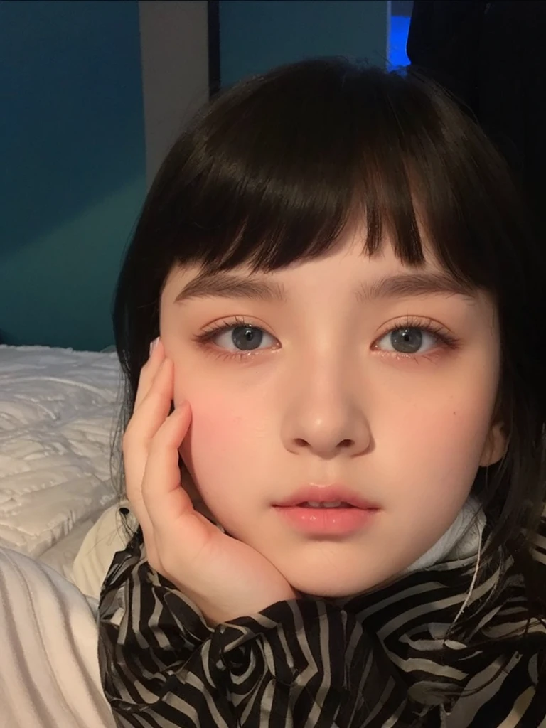 Teenage girl with clean pale skin and silky soft black hair, with small pink lips and a small, thin potato nose and blue-green eyes , taking photo looking at camera bored
