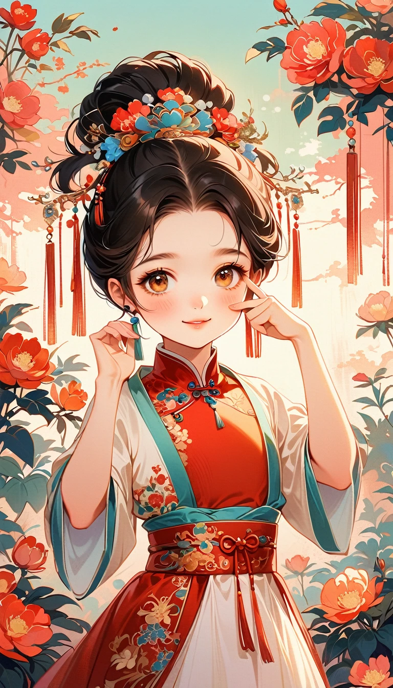 A beautiful young 5 years old little girl in traditional Chinese attire, sweet smile, from front, eyes look at other side, finger touching the cheek, fashion pose, charming and attractive sexy pose, surrounded by a lush garden. gazing at it with gentle eyes. The woman's hair is styled in an elaborate updo adorned with flowers and traditional ornaments. Her dress is elegant, pink and white color tone, featuring fine silk with floral embroidery. The garden is in full bloom, with peonies and other flowers providing a backdrop. The scene captures the serenity and beauty of classical Chinese art, with a touch of nature harmony, (((Ultra-high saturation, high natural saturation, extremely bright colors)))