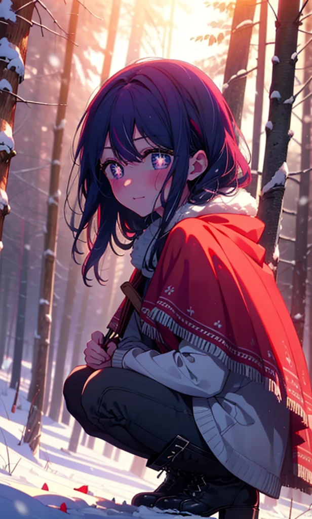 aihoshino, Ai Hoshino, Long Hair, bangs, (Purple eyes:1.1), Purple Hair, (Symbol-shaped pupil:1.5), smile,,smile,blush,White Breath,
Open your mouth,snow,Ground bonfire, Outdoor, boots, snowing, From the side, wood, suitcase, Cape, Blurred, , forest, White handbag, nature, Squat, Mouth closed, Cape, winter, Written boundary depth, Black shoes, red Cape break looking at viewer, Upper Body, whole body, break Outdoor, forest, nature, break (masterpiece:1.2), Highest quality, High resolution, unity 8k wallpaper, (shape:0.8), (Beautiful and beautiful eyes:1.6), Highly detailed face, Perfect lighting, Extremely detailed CG, (Perfect hands, Perfect Anatomy),