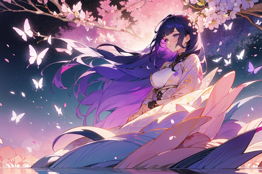 olhos grandes e brilhantes, Irises with multiple colors or gradients, Eyes with shine or reflections Long, curved eyelashes, A woman dressed in floral clothes, with flowers and leaves intertwined in your hair. The background is a flower field with cherry blossom trees and butterflies flying around.