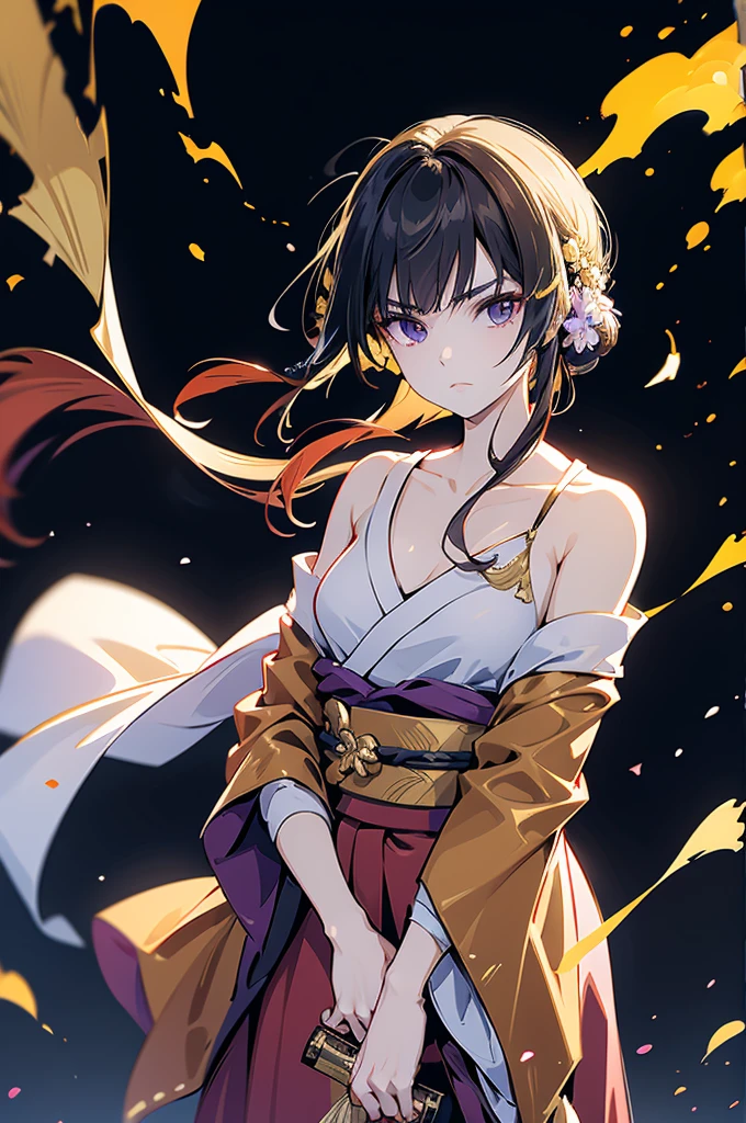 open the chest part of the kimono , roll up bandage on a  chest tightly to cover the chest without gaps under kimomo, Japanen Gangster adult woman, Killing Qi, wear the kimono, Upper body clothes come off ,wear the kimono multiple times, Bare shoulders, black and gold kimono, put on over jacket of kimono, holding a japanese sword which shine in purple, long sword, eye fire, high angle, whole body, bandage is seen, anime character