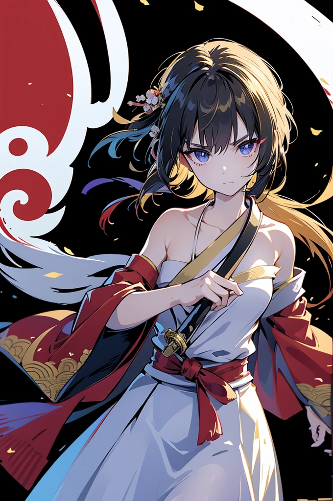 open the chest part of the kimono , roll up bandage on a chest tightly to cover the chest without gaps under kimomo, Japanen Gangster adult woman, Killing Qi, wear the kimono, Upper body clothes come off ,wear the kimono multiple times, Bare shoulders, black and gold kimono, put on over jacket of kimono, holding a japanese sword which shine in purple, long sword, eye fire, high angle, whole body, bandage is seen, anime character